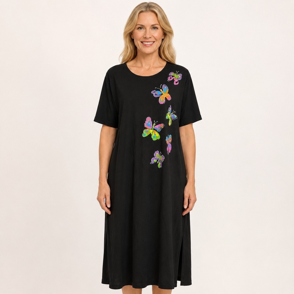 Blair Black Butterfly Graphic T-Shirt Dress Teacher Side Slit Midi USA SZ Large
